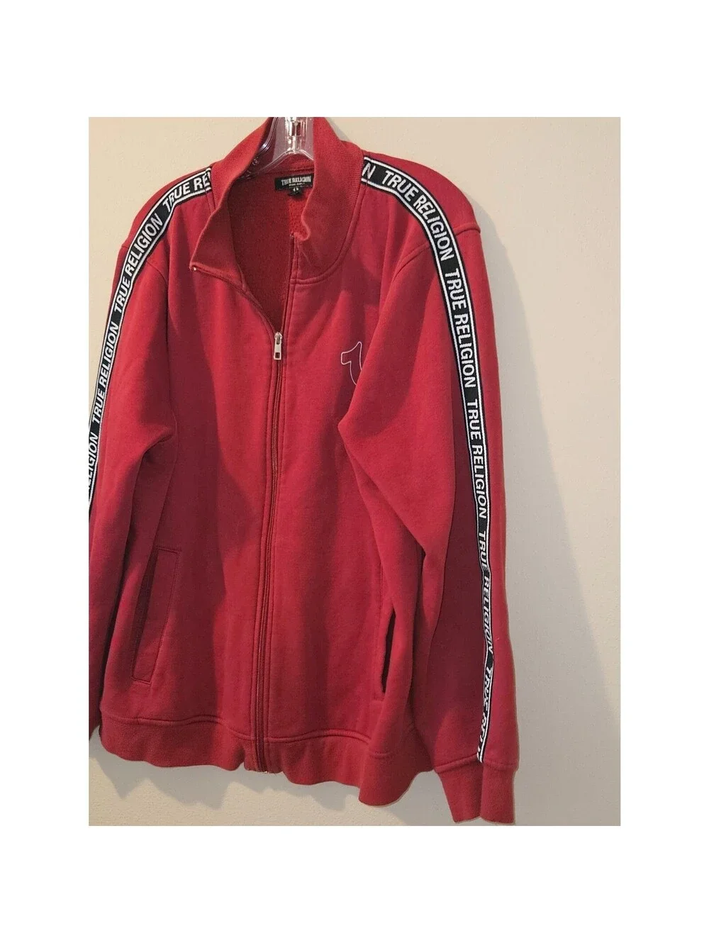 True Religion Men's XL Red Full Zip Fleece Track Jacket Logo Tape Sleeves